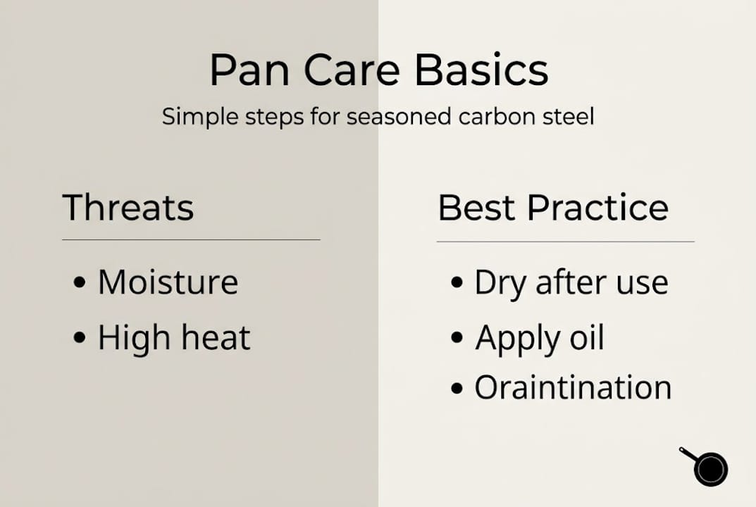 Infographic showing carbon steel pan care tips
