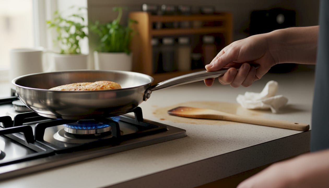 Stainless steel pan browning food on stove