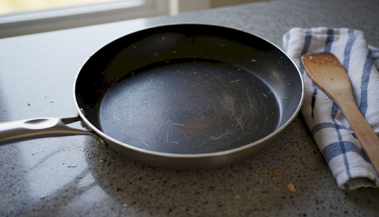 Closeup of scratched nonstick pan