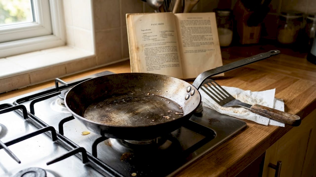 Vintage carbon steel pan with patina on stove