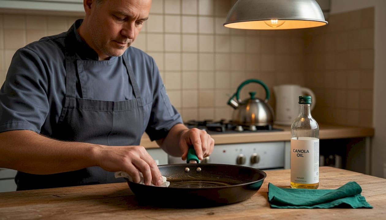 Person rubbing oil into sauté pan surface