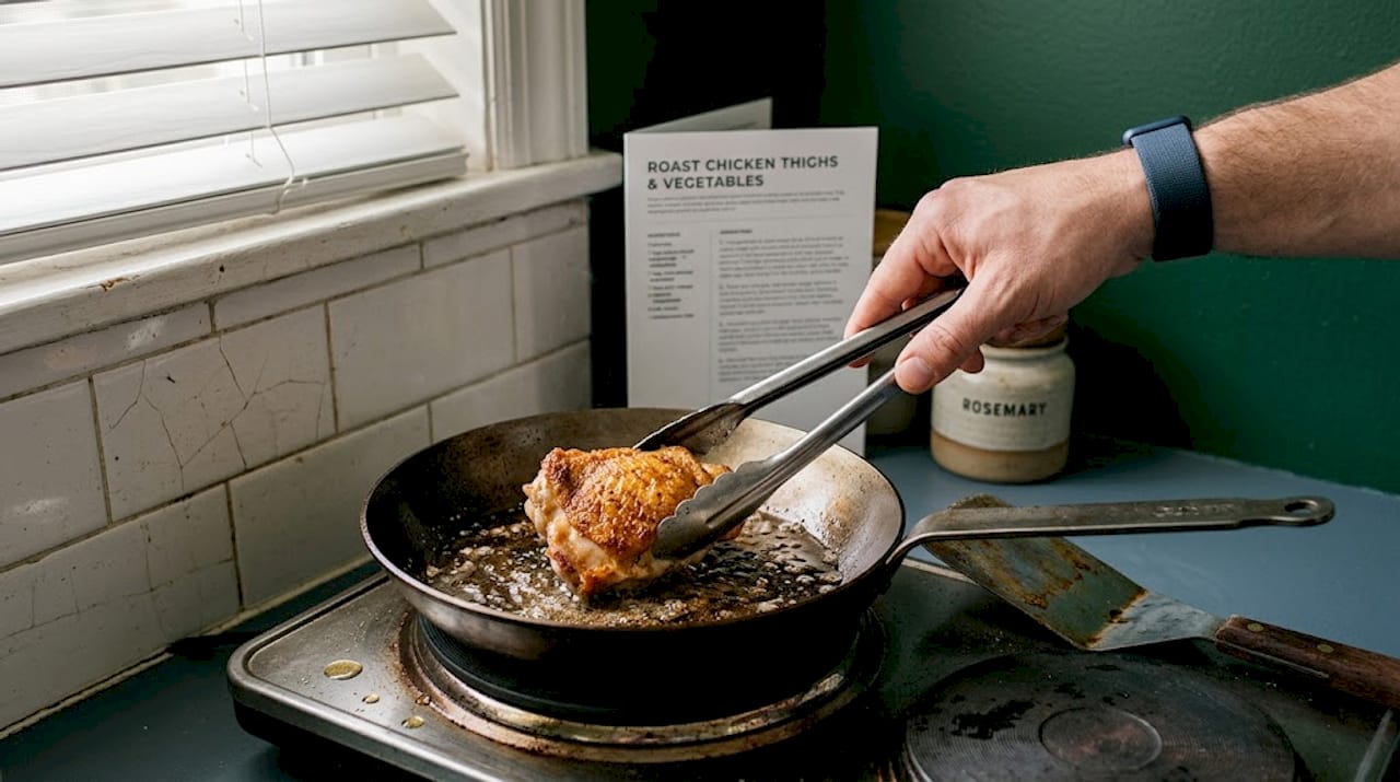 Turning chicken thigh in carbon steel pan