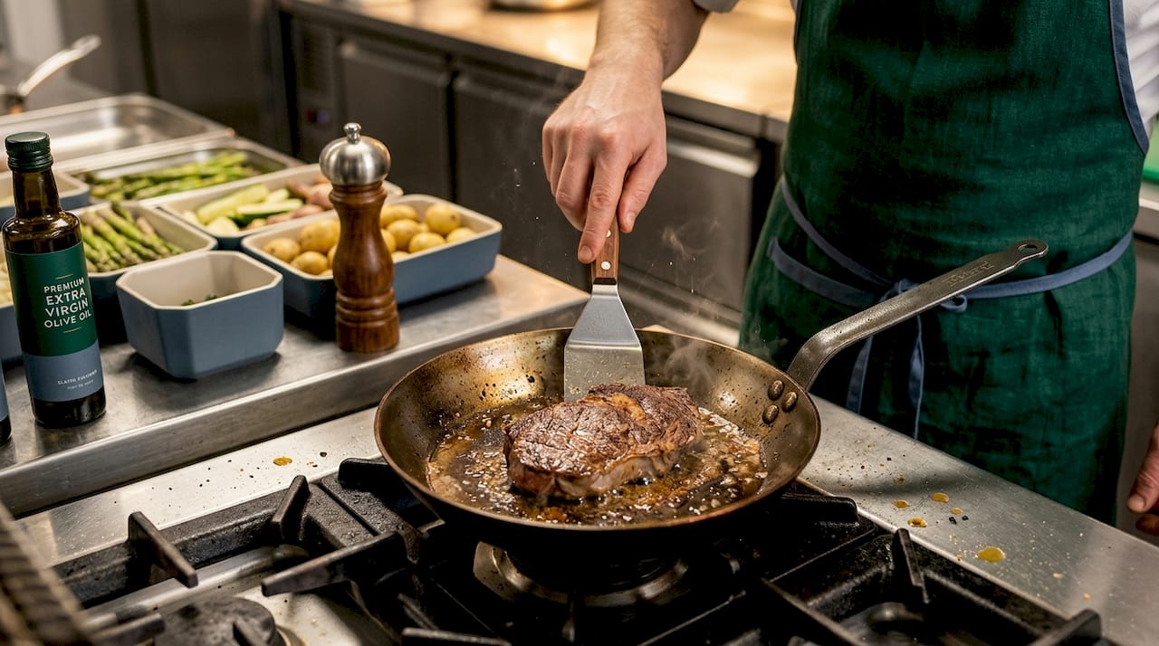 Chef searing steak in carbon steel pan