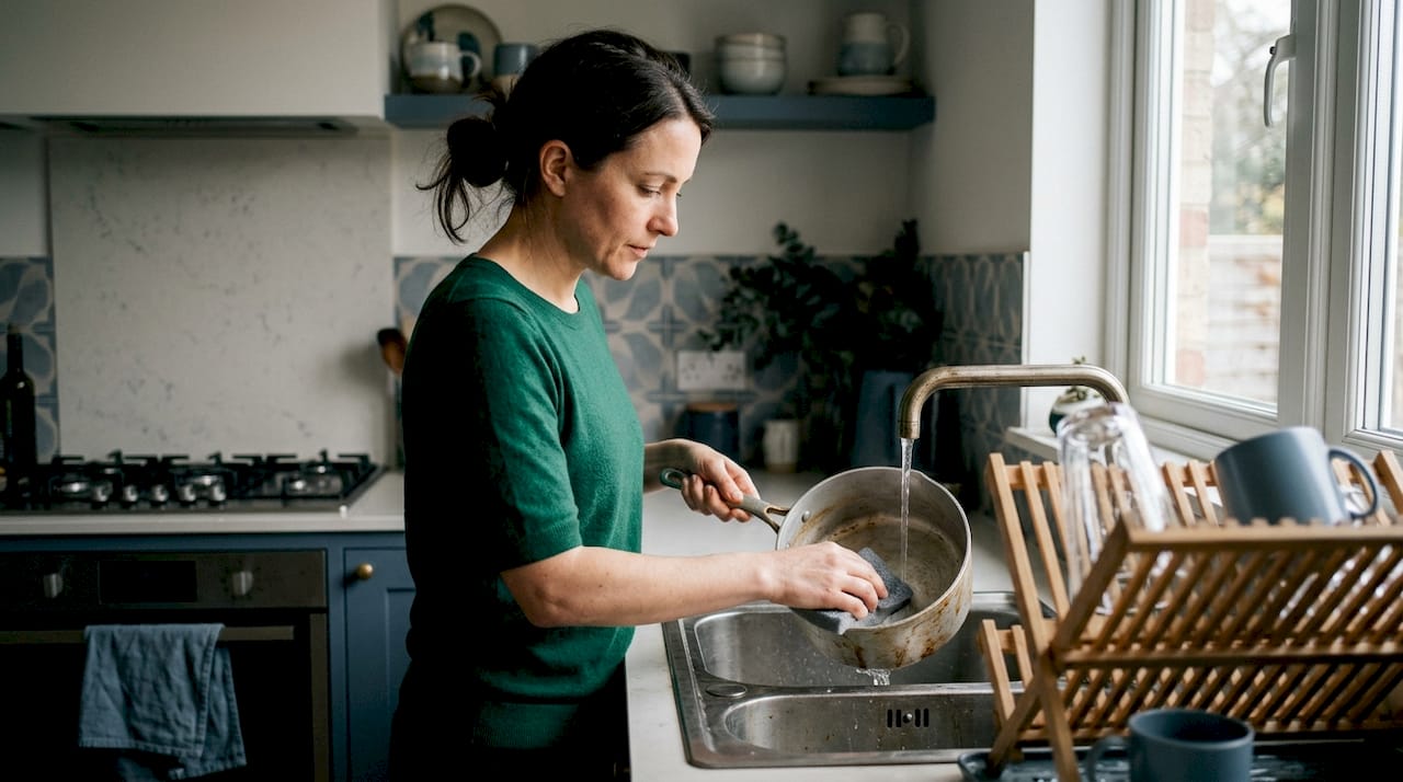 Woman cleaning forged aluminium saucepan at kitchen sink