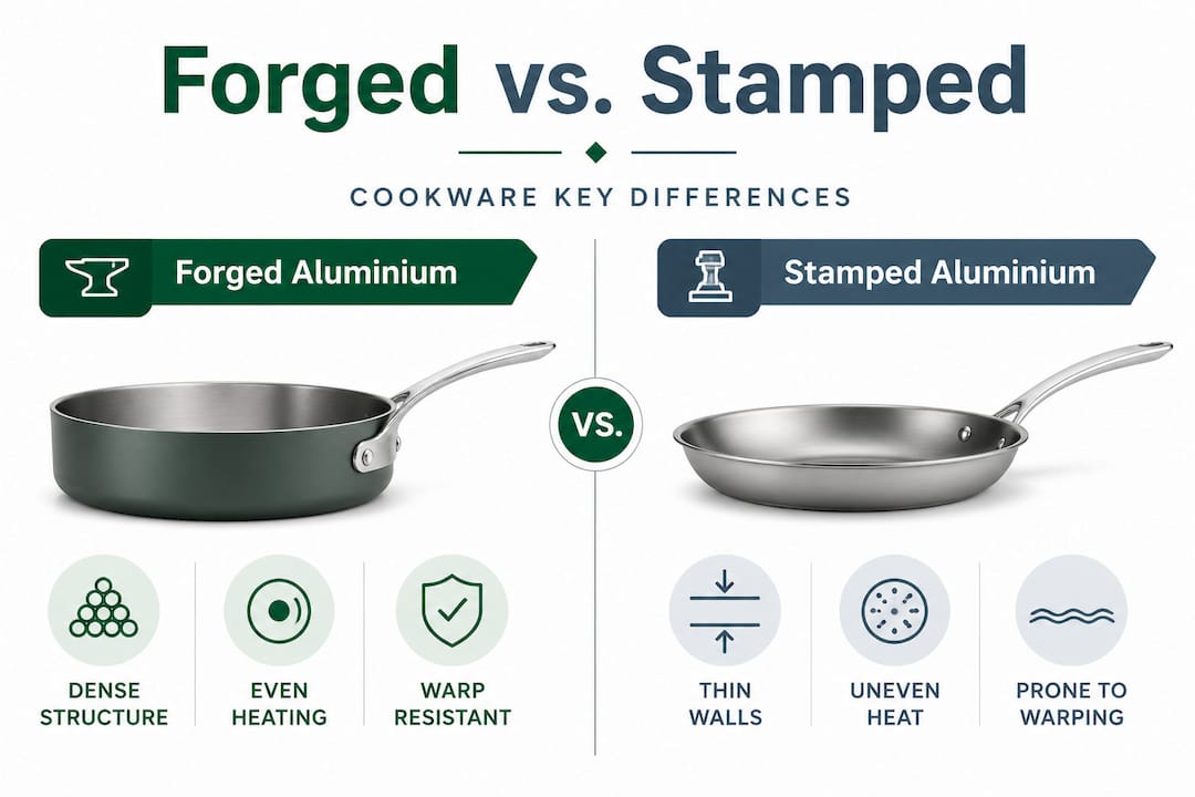 Infographic comparing forged and stamped aluminium cookware