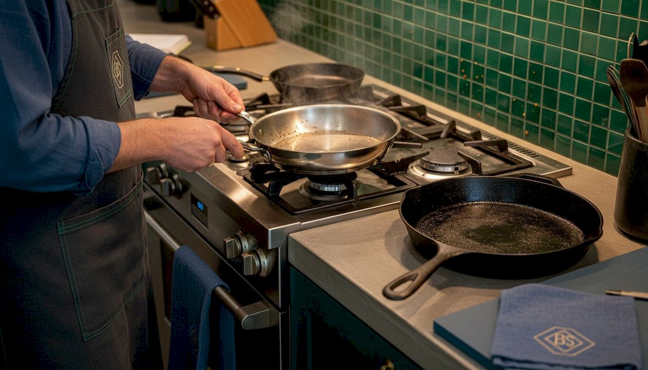 Home cook using various pan materials while cooking