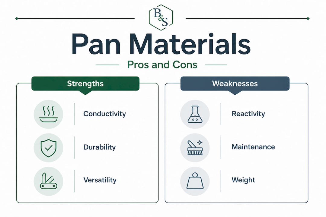 Infographic comparing pan material strengths and weaknesses