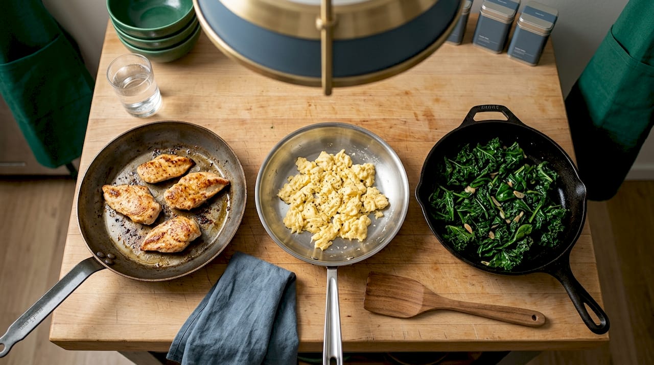 Different fry pans compared on kitchen island