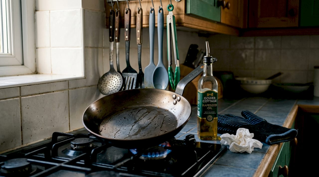 Carbon steel pan drying on stove