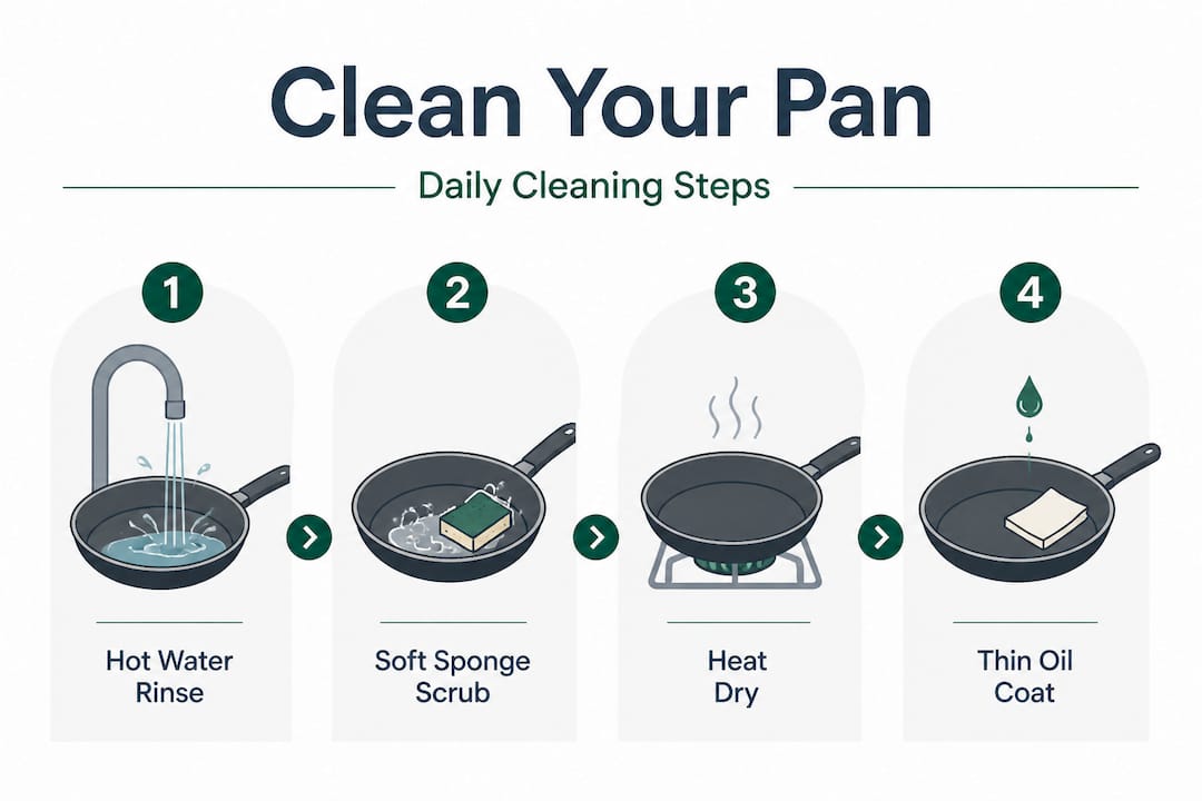 Infographic showing carbon steel pan cleaning steps