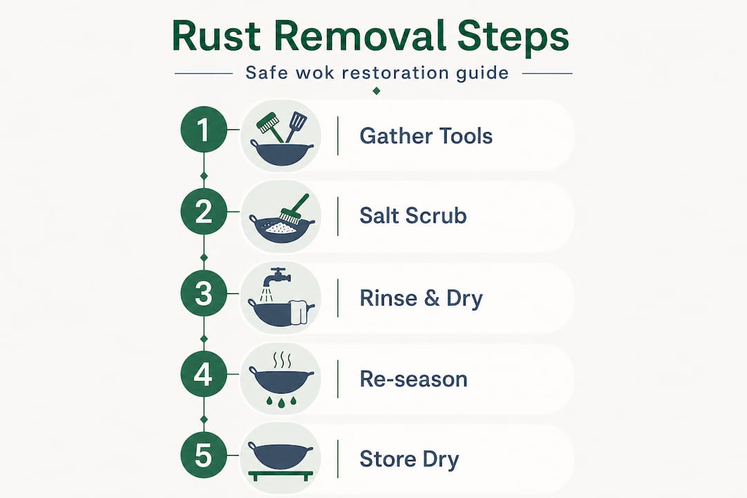 Infographic showing carbon steel wok rust removal steps