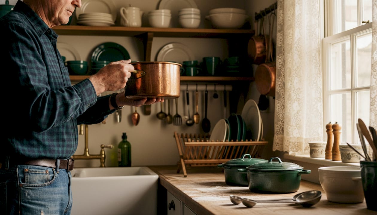 Lifting copper pot in vintage family kitchen