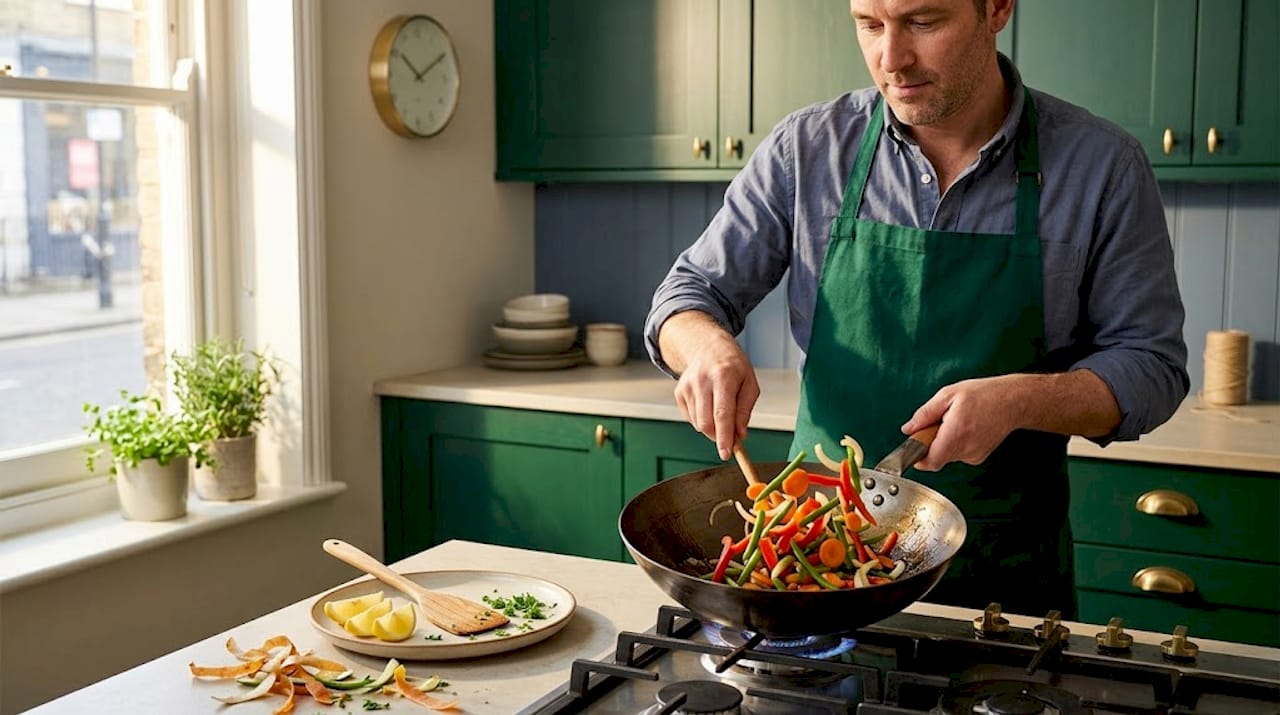 Stir frying vegetables in large carbon steel pan