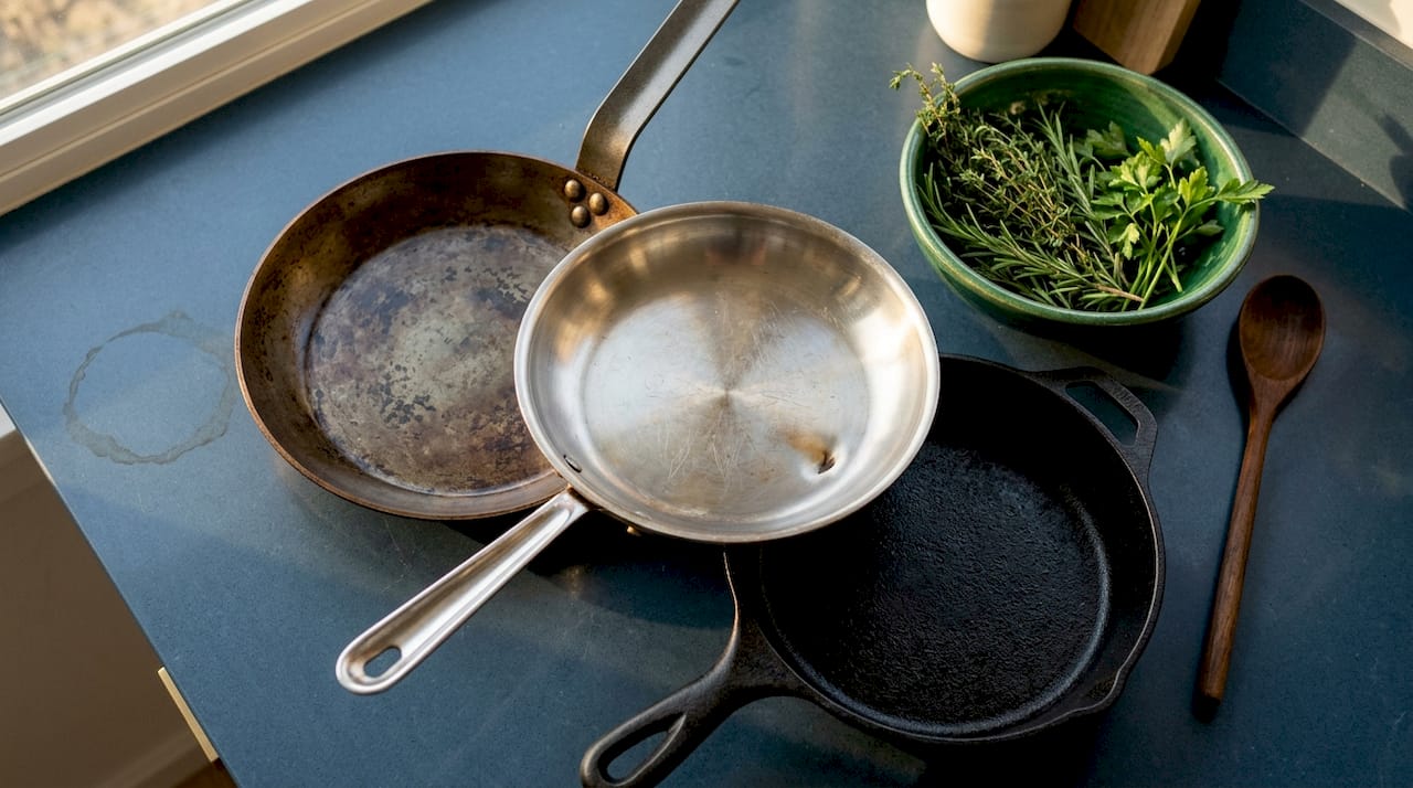 Carbon steel, stainless, and cast iron pans together