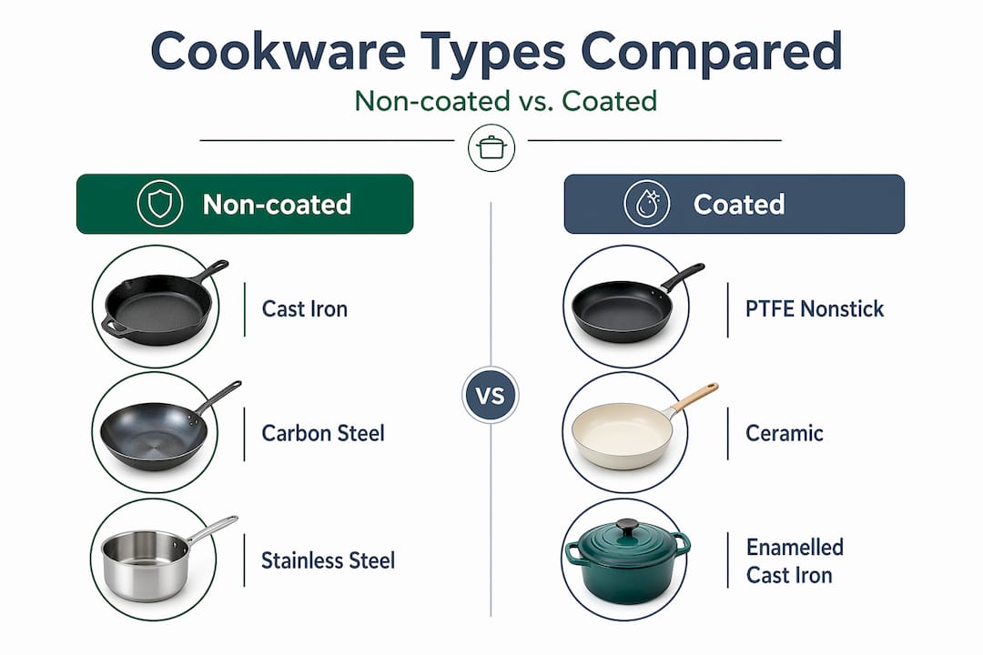 Infographic comparing non-coated and coated cookware types