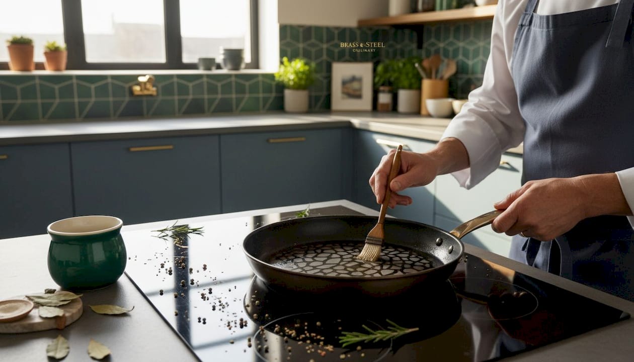 Hands oiling seasoned carbon steel skillet on stove