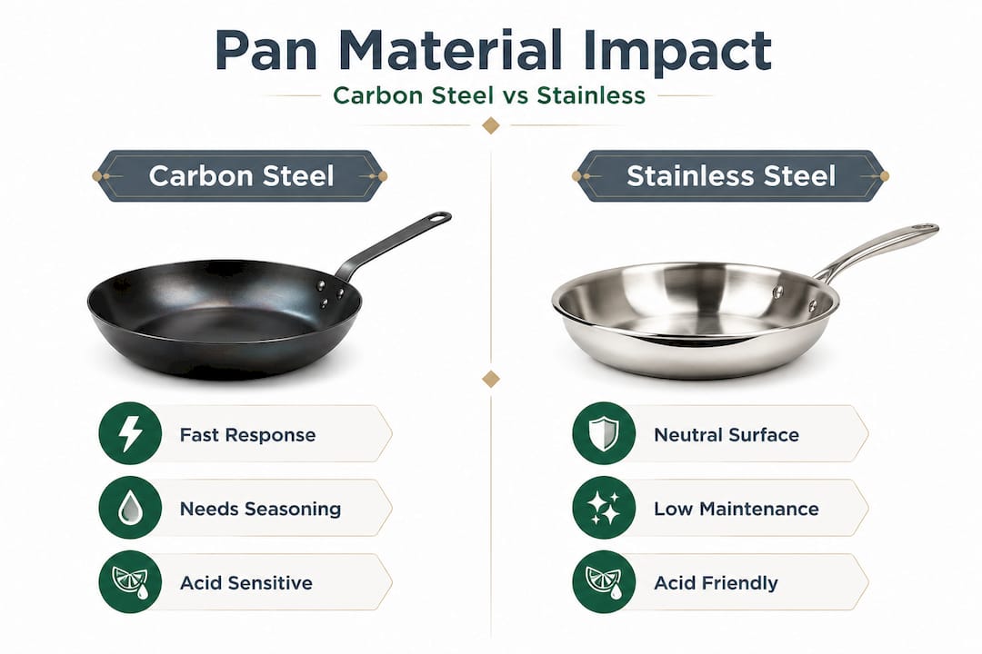 Infographic comparing carbon steel and stainless steel pans