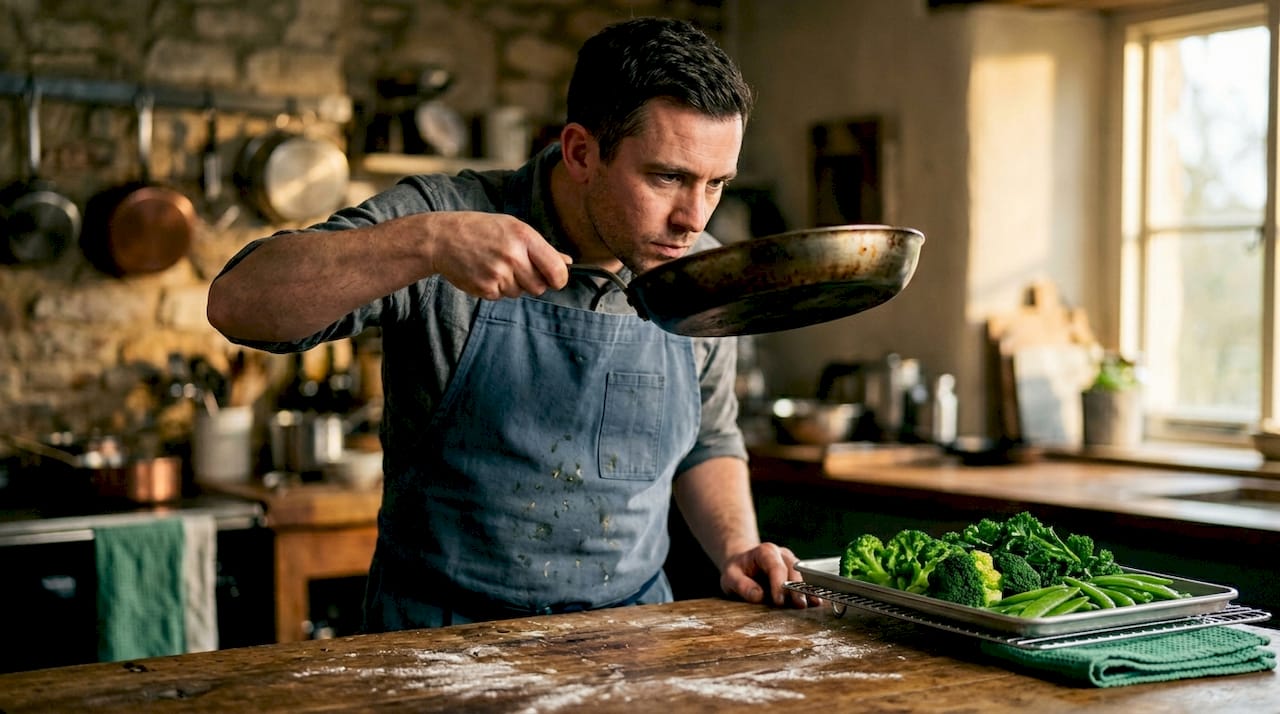 Chef examining warped carbon steel pan
