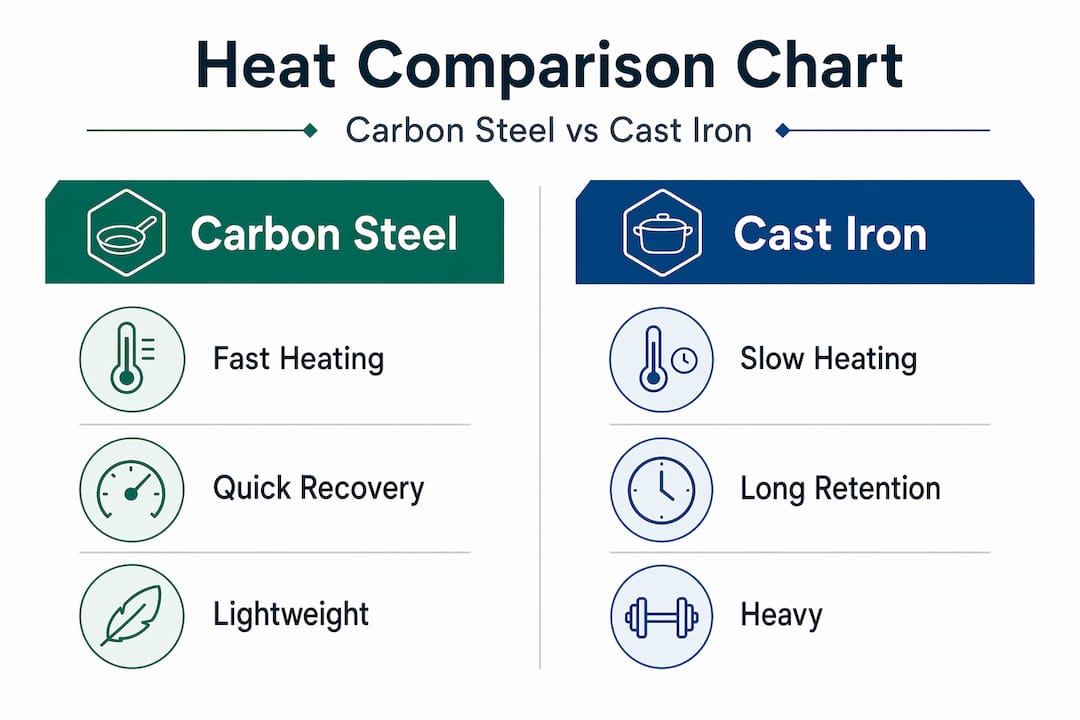 Infographic comparing carbon steel and cast iron heat properties