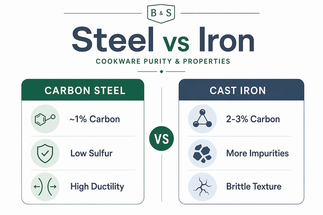 Infographic comparing carbon steel and cast iron cookware