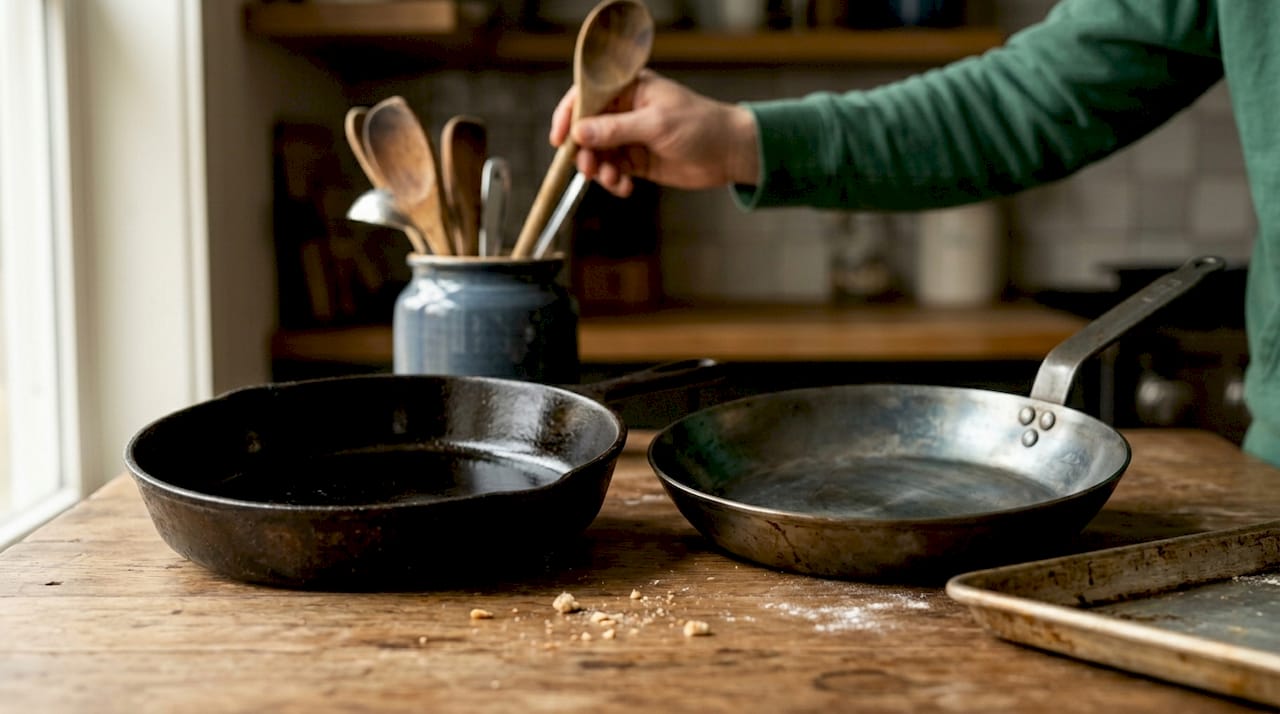 Cast iron and carbon steel pans side by side