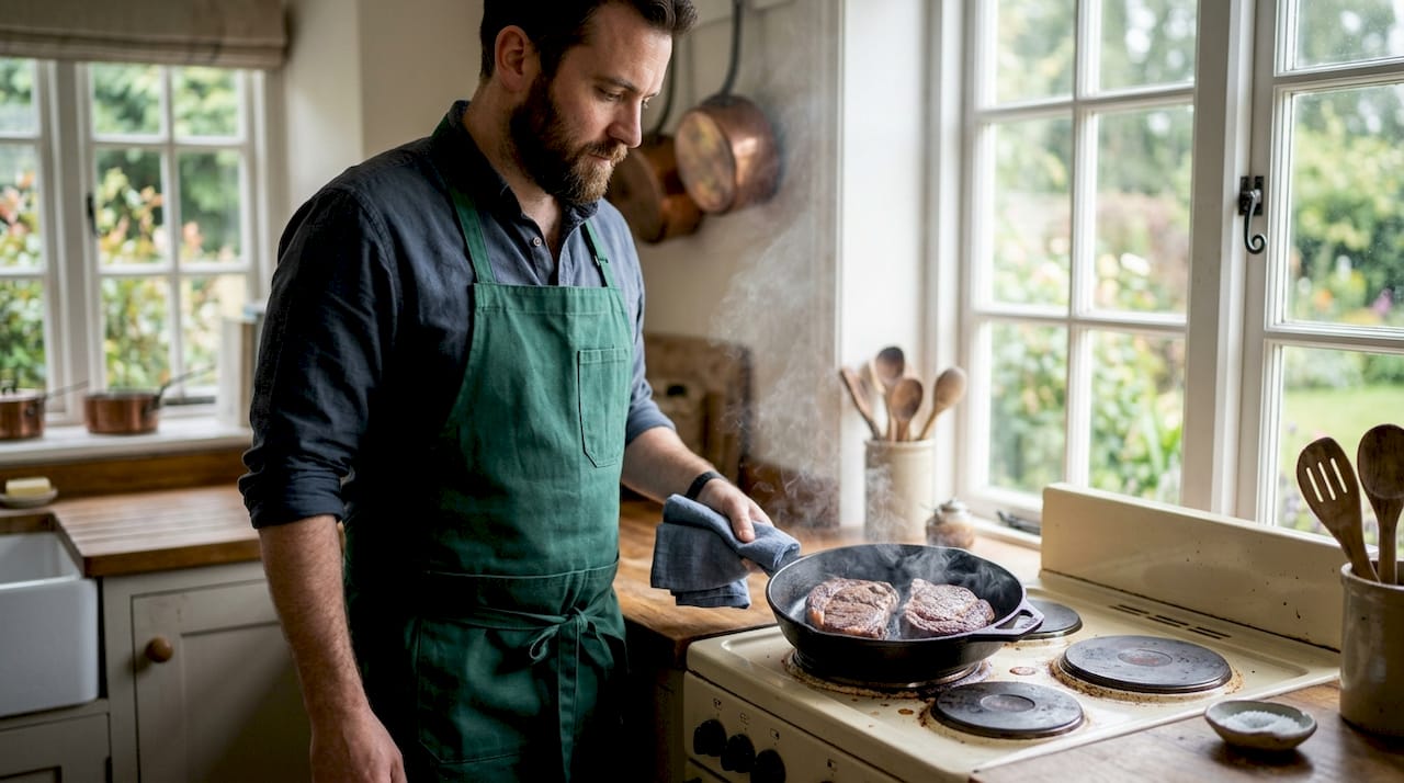 Man searing steaks in cast iron skillet