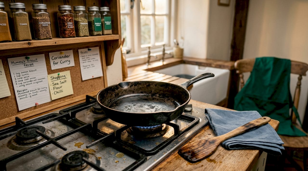 Well-used cast iron skillet on home stove