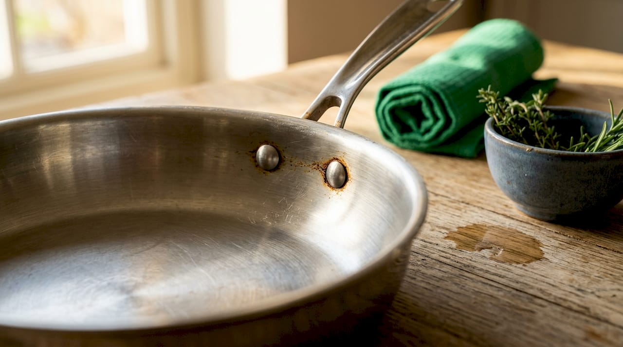 Detailed closeup of pan riveted handle with residue