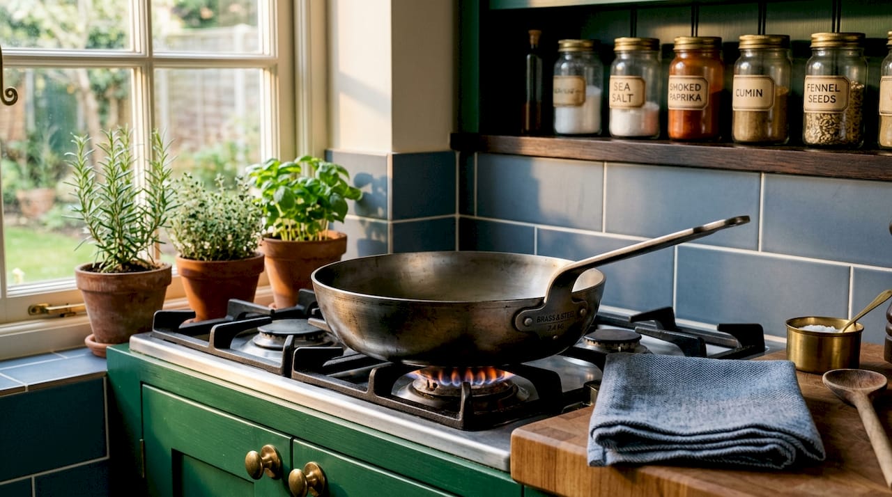 Closeup of thick pan base in kitchen
