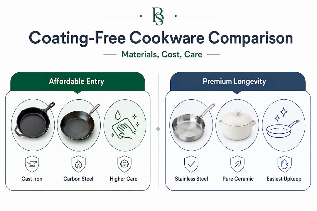 Infographic comparing types of coating-free cookware