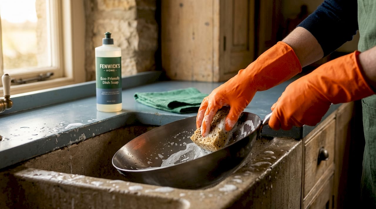 Scrubbing new steel wok in kitchen sink