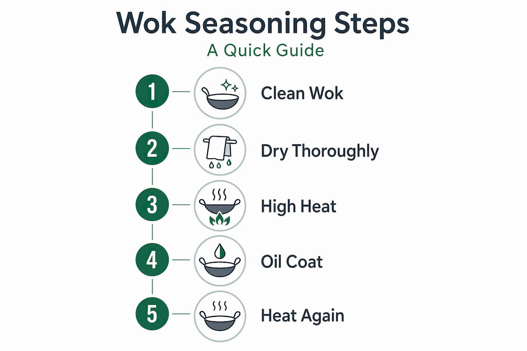 Infographic with step-by-step wok seasoning process