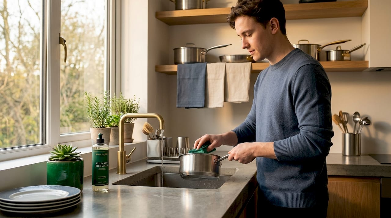 Person gently cleaning pan at kitchen sink