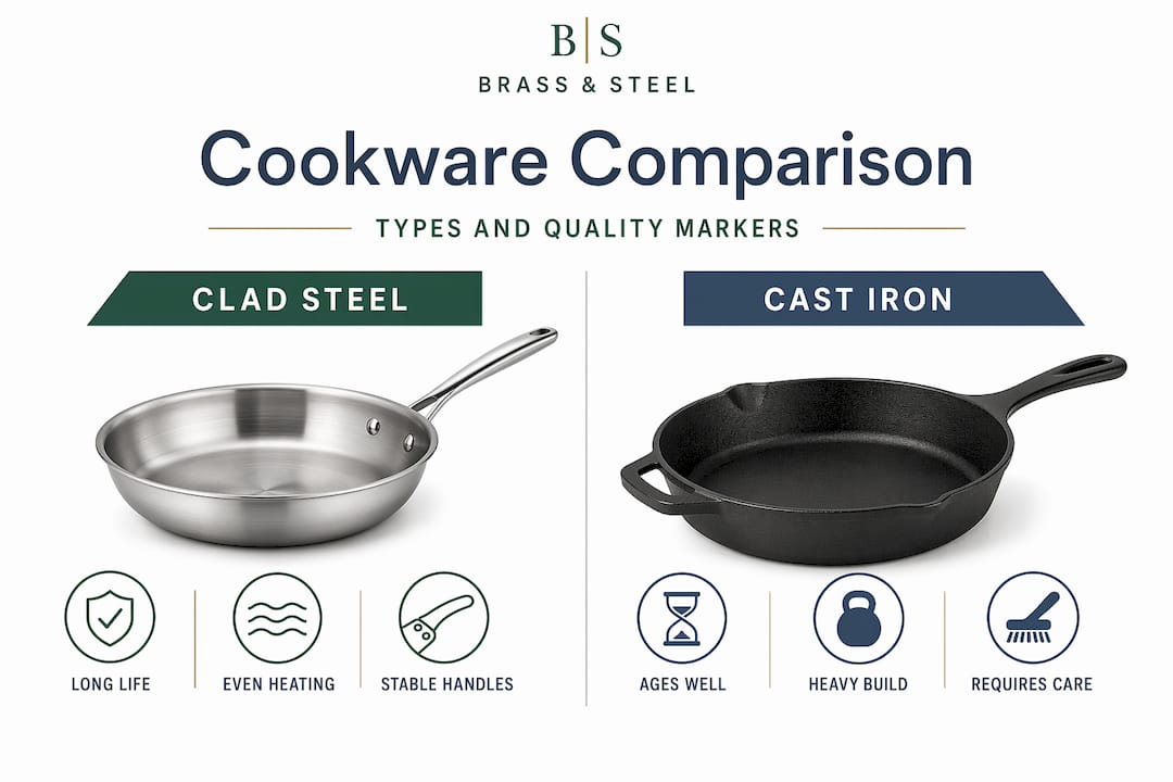 Infographic comparing clad steel and cast iron cookware