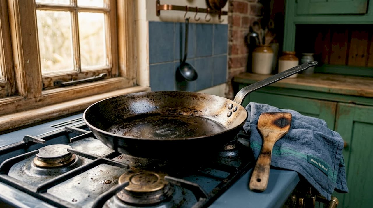 Seasoned forged pan on family kitchen stove