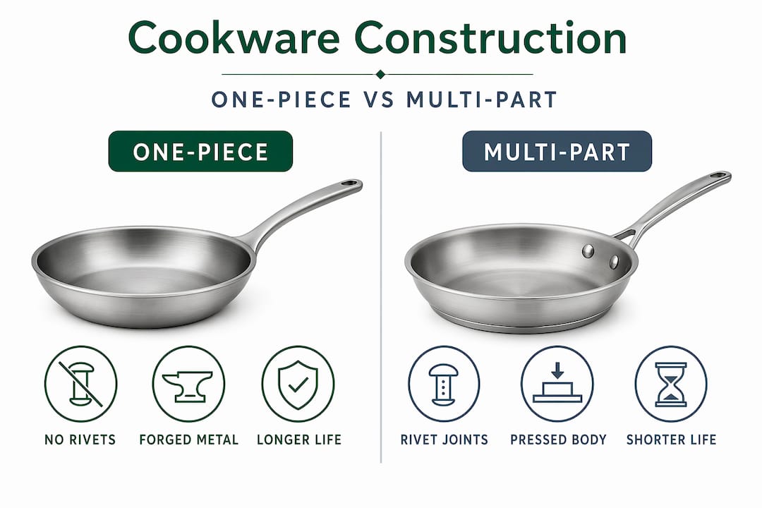 Infographic comparing one-piece and multi-part cookware