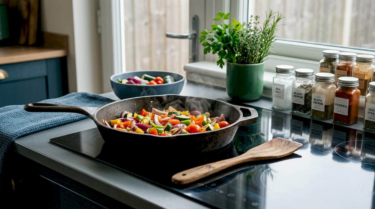 Cast iron skillet in use on induction hob