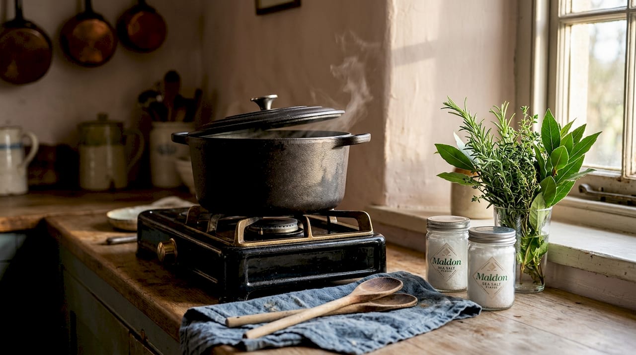 Cast iron pot simmering on stove
