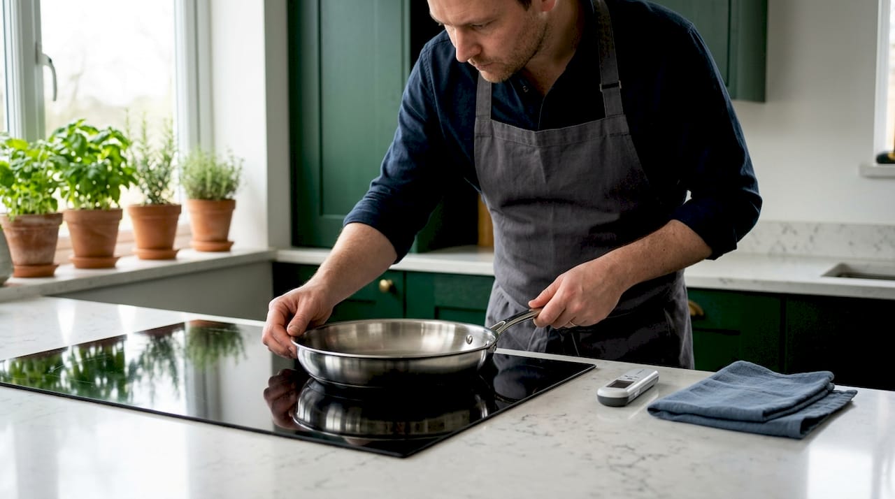 Home cook tests pan flatness on cooktop