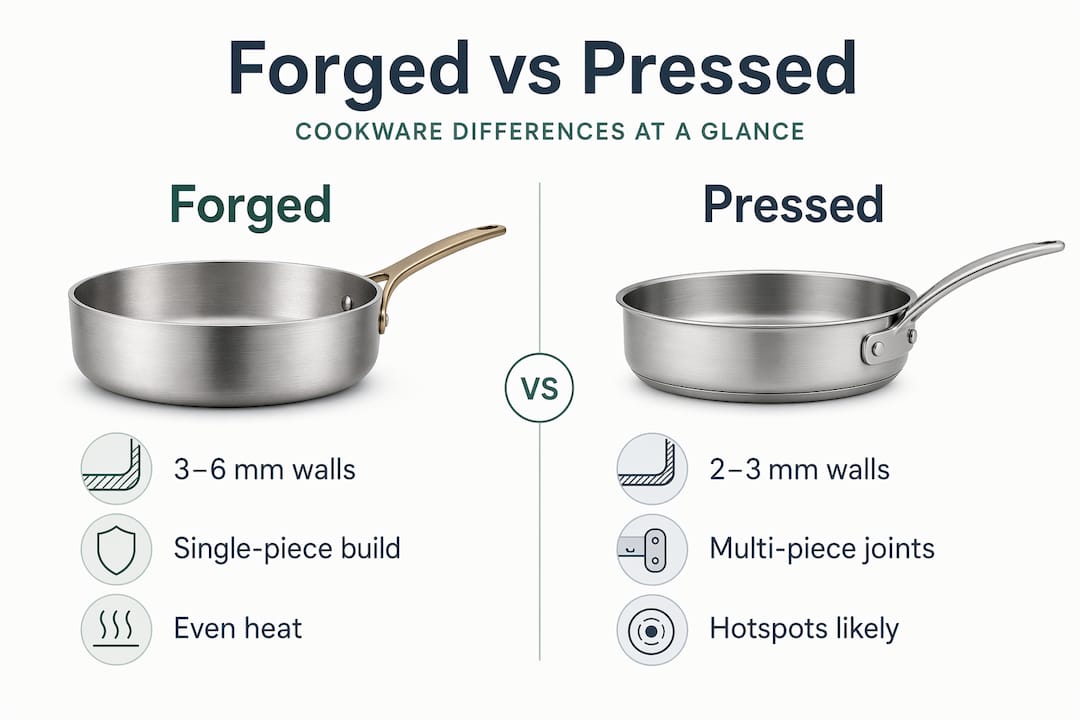 Infographic contrasting forged and pressed cookware features
