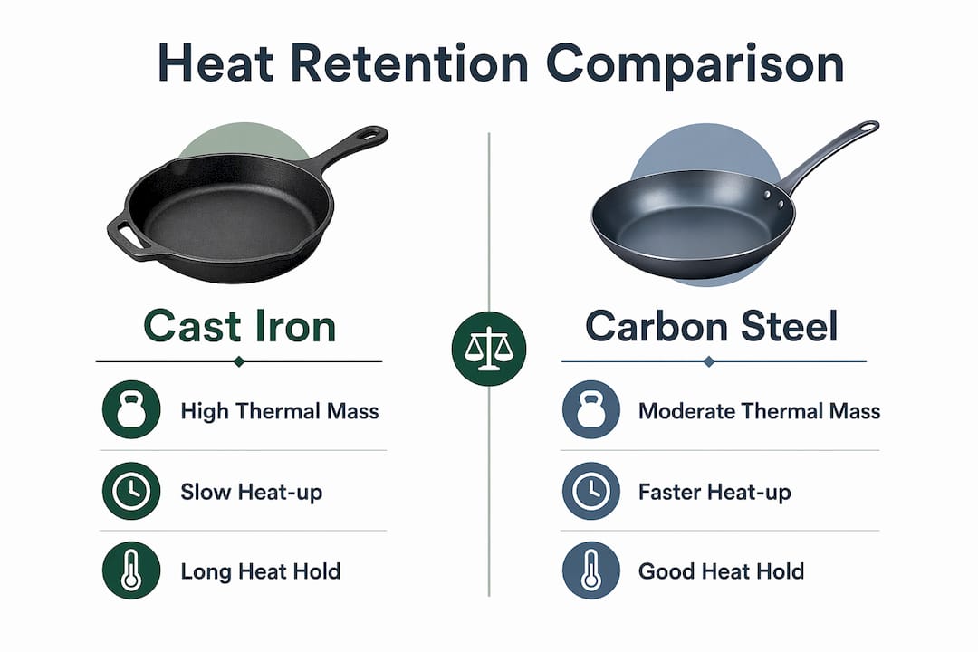 Infographic comparing heat retention of cast iron and carbon steel pans