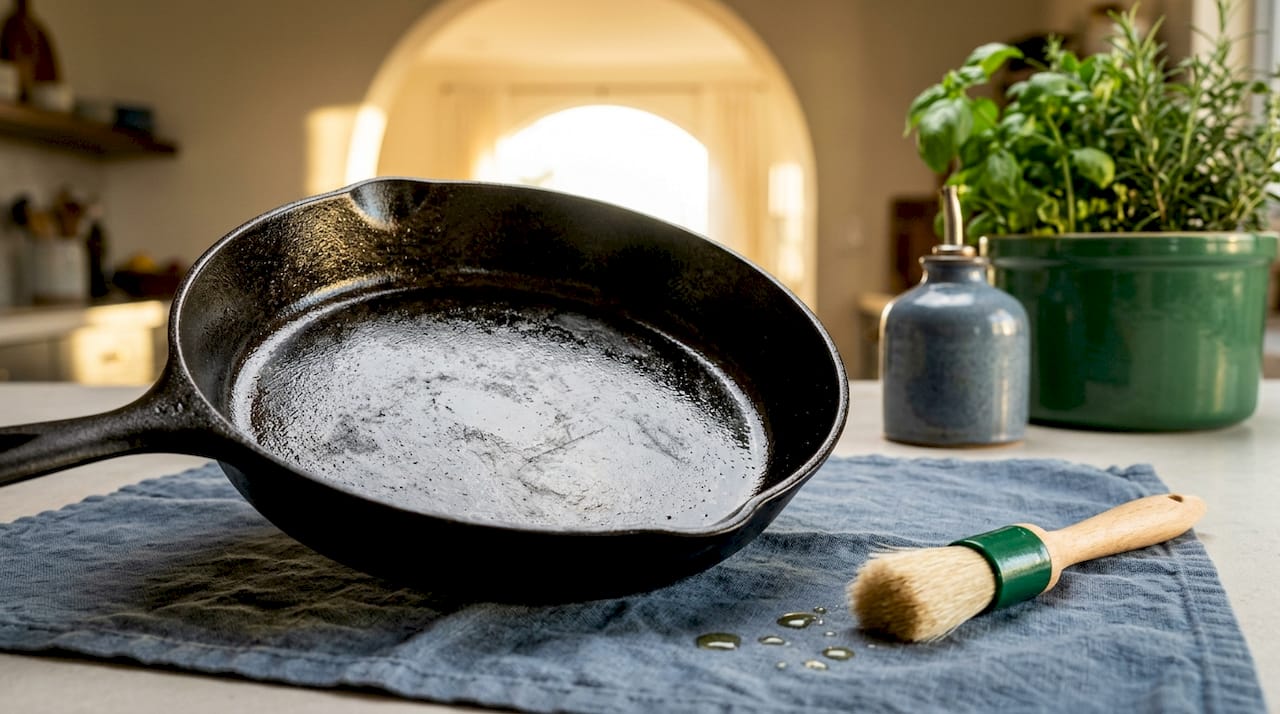 Close-up of seasoned cast iron pan surface