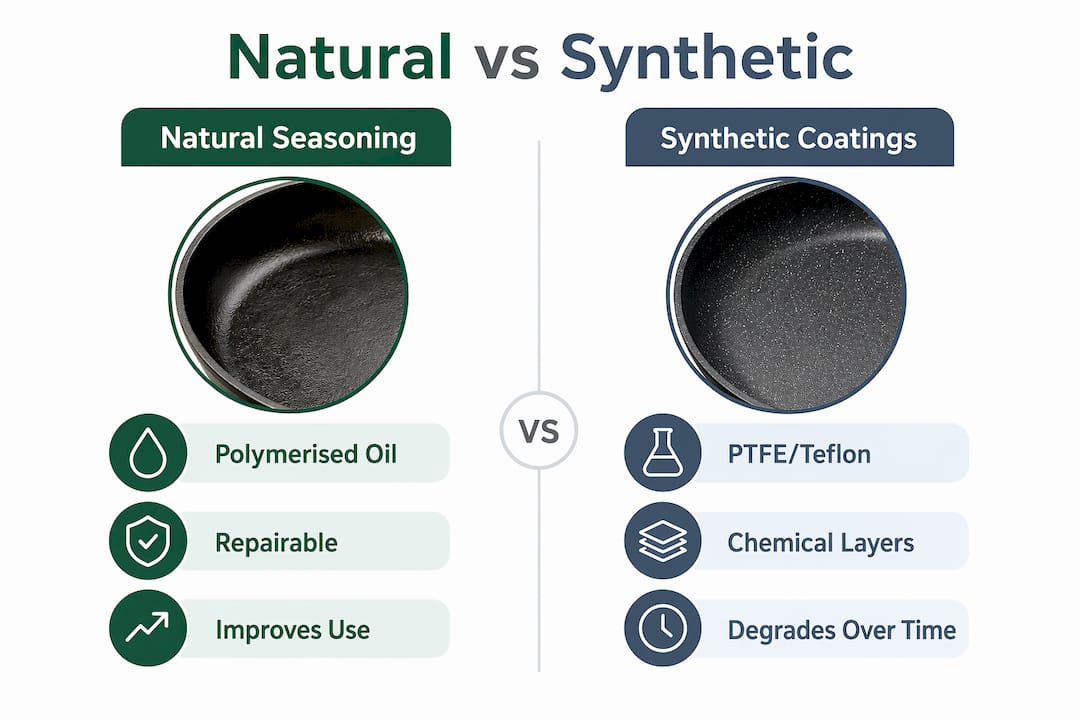 Infographic comparing natural and synthetic nonstick surfaces
