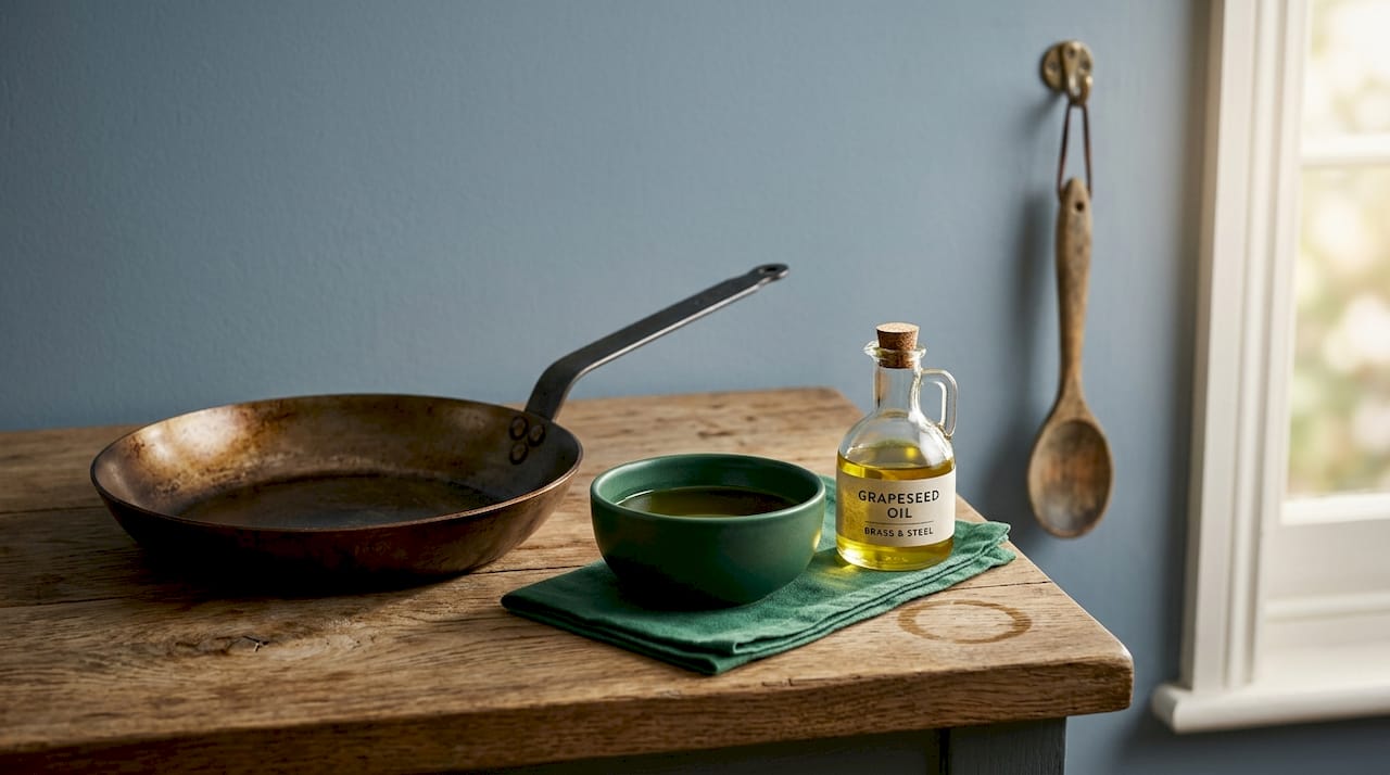 Seasoned carbon steel pan with oils