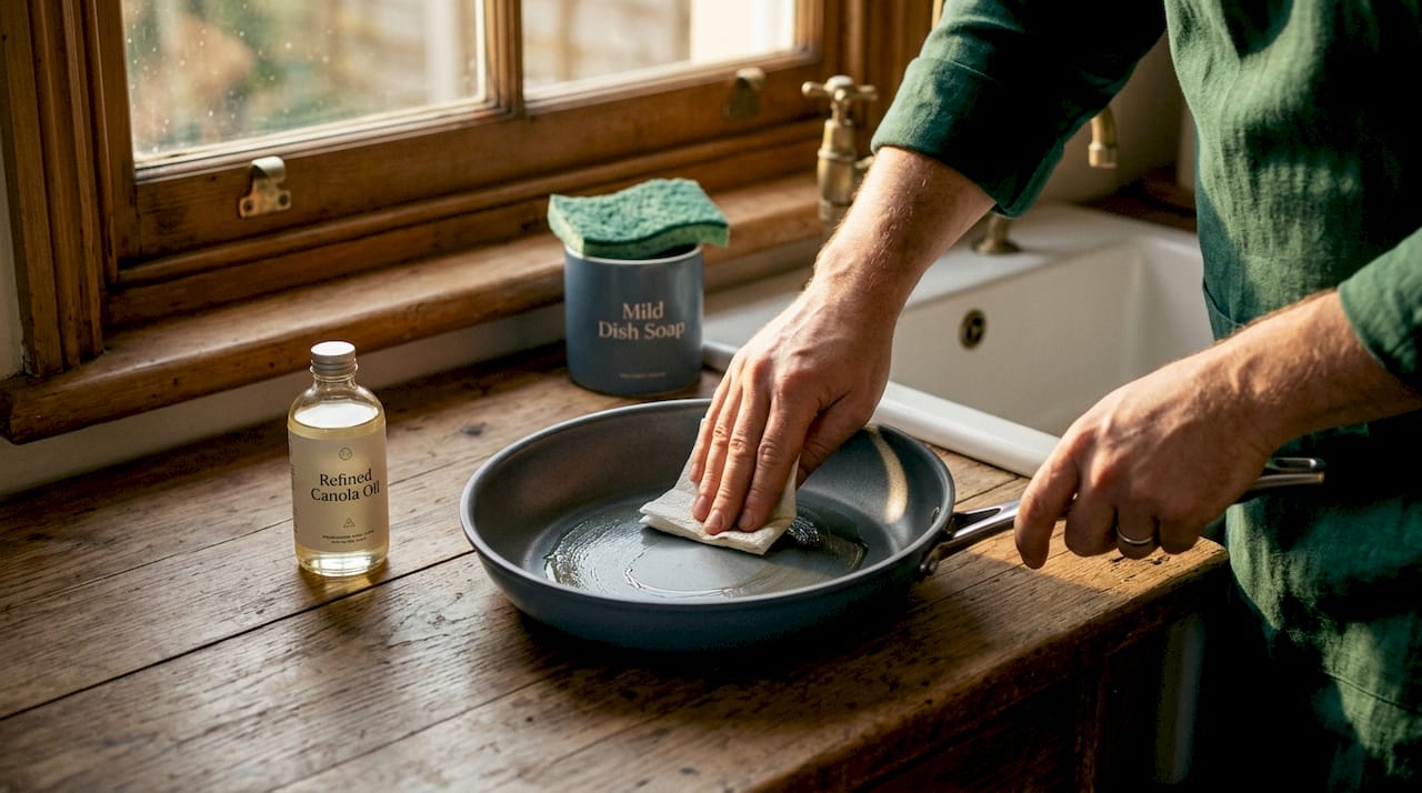 Hands oiling non-stick pan step-by-step