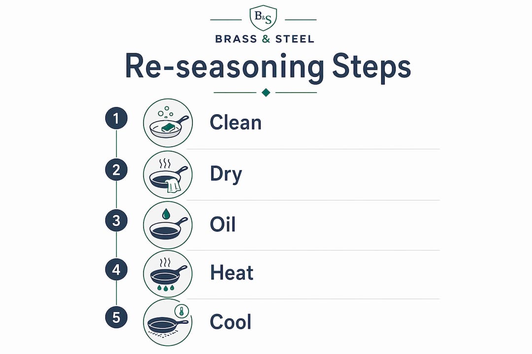 Infographic showing step-by-step re-seasoning process