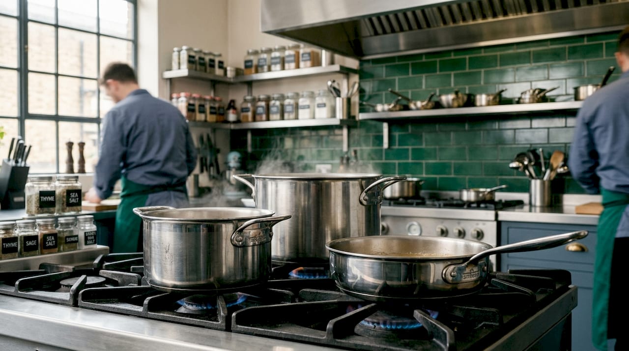 Close-up of tri-ply stainless steel cookware