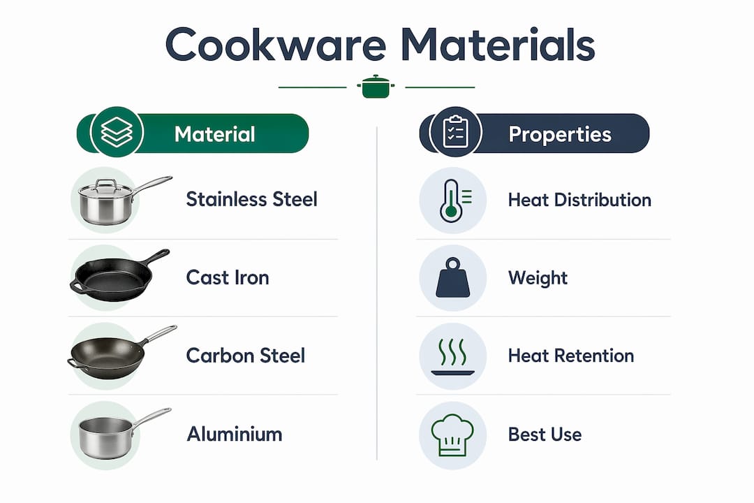 Infographic comparing commercial cookware materials and properties