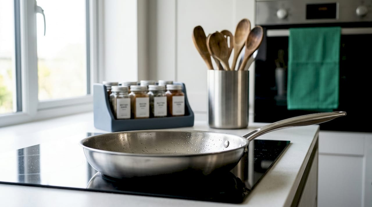 Close-up of stainless steel pan heating on stove