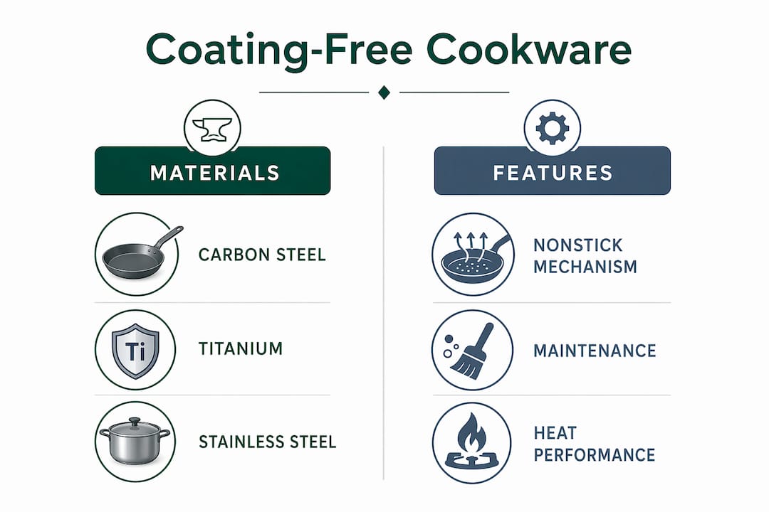 Infographic comparing coating-free cookware materials and features